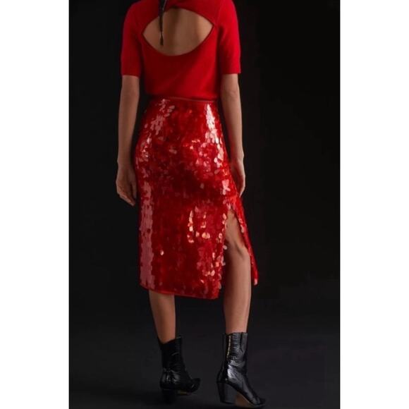 Anthropologie Maeve NWT Women’s Red Teardrop Sequined Midi Skirt size 8 - Picture 2 of 8